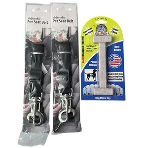 NEW Set of 2 Dog Adjustable Seatbelts + Bullibone Power Chewer Dog Chew Toy